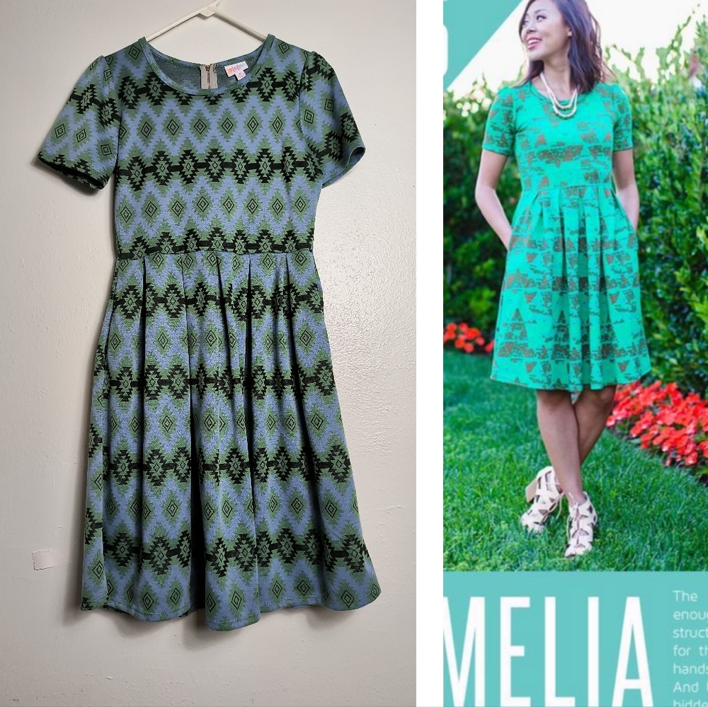 Lularoe Amelia Dress Size M Blue & Green Print Side Pocket